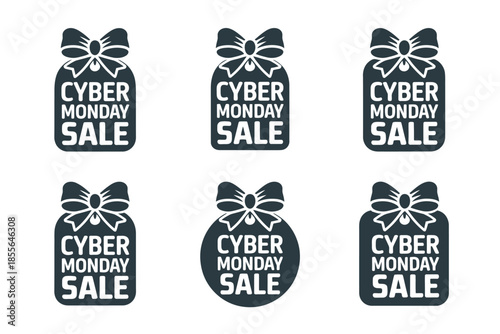 Cyber Monday sale tags with bows, celebrating online shopping deals and discounts