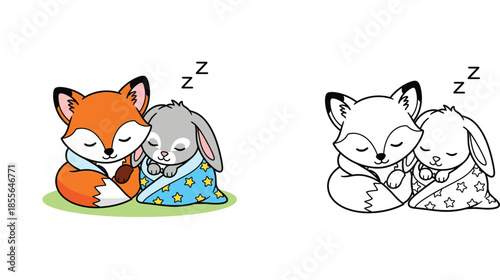 Cute cartoon fox and bunny sleeping together under blanket, colored and outline coloring book vector illustration
