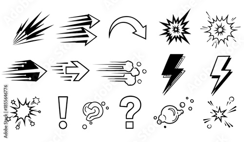 Comic boom cartoon effect line element set. Comic speech bubble pow, boom text, explosive splash smoke, wow cartoon vector icon. Hand drawn sketch doodle explosive element. Vector illustration.