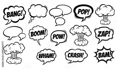 A vibrant collection of comic explosion effects speech bubbles and dynamic text elements on transparent background