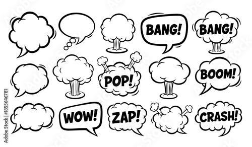 Comic boom cartoon effect line element set. Comic speech bubble pow, boom text, explosive splash smoke, wow cartoon vector icon. Hand drawn sketch doodle explosive element. Vector illustration.