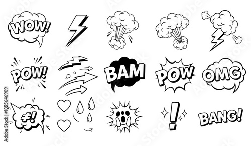 Comic boom cartoon effect line element set. Comic speech bubble pow, boom text, explosive splash smoke, wow cartoon vector icon. Hand drawn sketch doodle explosive element. Vector illustration.