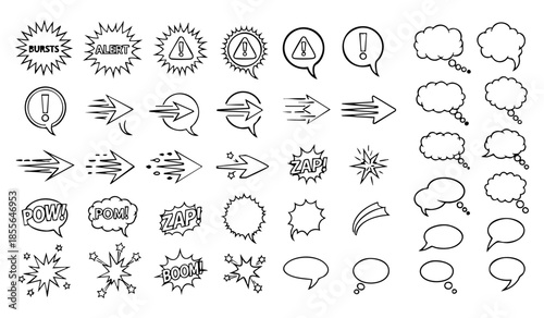 A vibrant collection of comic explosion effects speech bubbles and dynamic text elements on transparent background