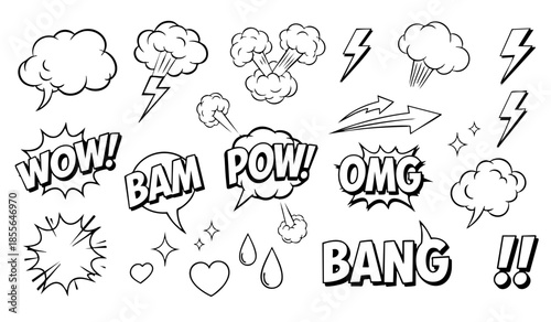 Comic boom cartoon effect line element set. Comic speech bubble pow, boom text, explosive splash smoke, wow cartoon vector icon. Hand drawn sketch doodle explosive element. Vector illustration.