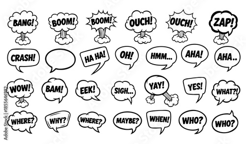 Comic boom cartoon effect line element set. Comic speech bubble pow, boom text, explosive splash smoke, wow cartoon vector icon. Hand drawn sketch doodle explosive element. Vector illustration