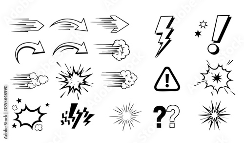 Comic boom cartoon effect line element set. Comic speech bubble pow, boom text, explosive splash smoke, wow cartoon vector icon. Hand drawn sketch doodle explosive element. Vector illustration.
