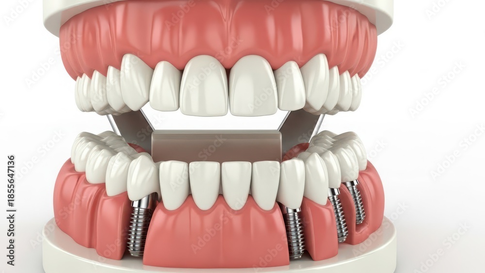 Fototapeta premium Dental implants model showing titanium posts and ceramic crowns