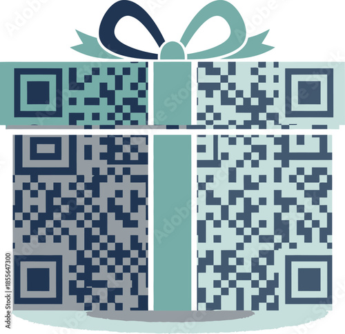 A stylized gift box wrapped with a ribbon and bow, featuring QR codes as its decorative pattern.