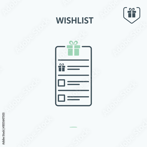 Minimalist line art icon of a wishlist with gift boxes and checkboxes on a clipboard, representing desires and gift planning.