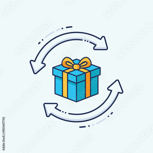 A blue gift box with a yellow ribbon surrounded by two curved arrows indicating a circular motion or exchange.
