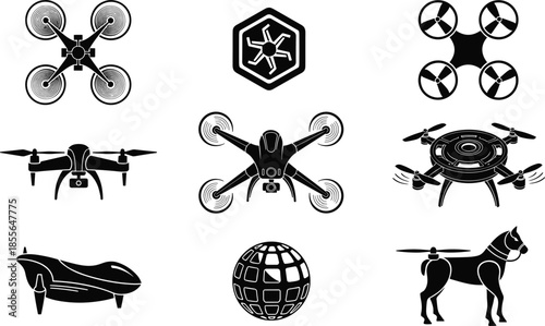 Black Silhouette Vector Icon Set of Unmanned Aerial Vehicles and Drones Including Quadcopters, Global Technology Sphere, and Robotic Horse for Futuristic Tech Design