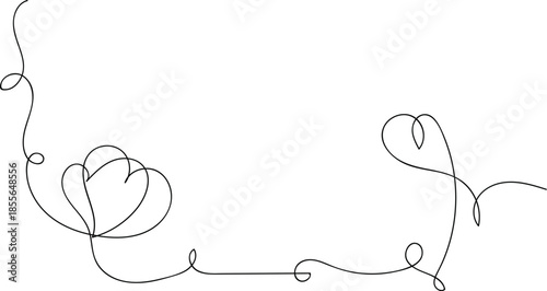 One continuous line drawing of couple hearts and love symbol. Elegant continuous line drawing with heart shapes and swirls for corner decoration. A minimalistic continuous line art illustration featur