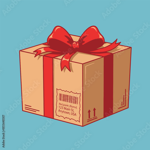 A brown cardboard shipping box tied with a bright red ribbon and bow, featuring a shipping label and delivery arrows, set against a light blue background.