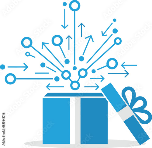 A blue gift box opening to reveal a network of interconnected dots and arrows, symbolizing data, information, or ideas flowing out.