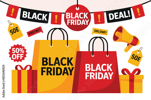 Exciting Black Friday shopping bags with gifts and sale tags, promising great deals