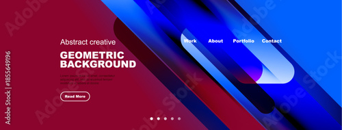 Modern website header design. Red background features abstract geometric shapes, text, navigation menu, plus read more button.