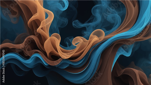 Smooth blue waves of smoke and light flow in a curved motion against a black backdrop to create an abstract fire pattern with a swirl of colored heat