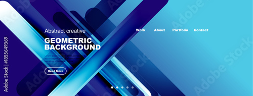 Abstract geometric background design. Blue gradients create dynamic shapes, text overlays present information, navigation visible. Modern aesthetic.