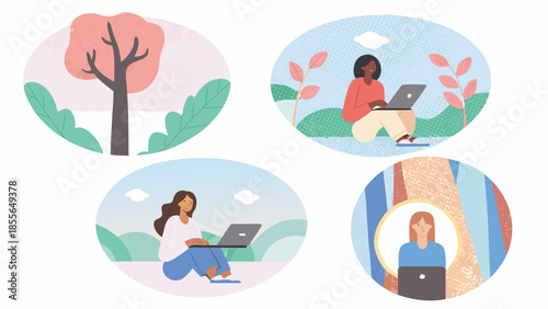 Remote workers using laptops in nature settings