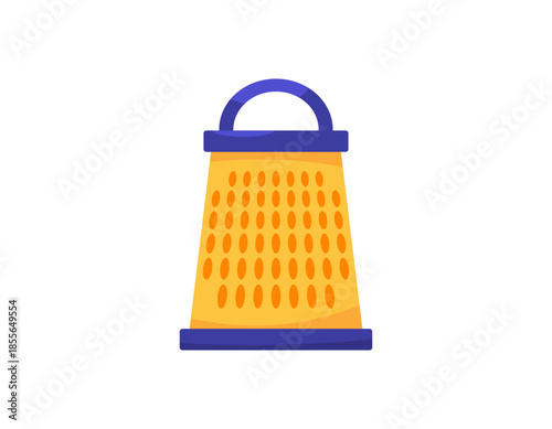 Illustration of a yellow grater. Object or item. Kitchen equipment used for grating food. Equipment, symbol, flat design. Clip art, sticker, white background