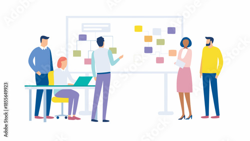 Diverse team collaborating on project with flowchart