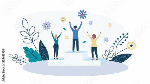 Diverse team celebrating success with flowers and leaves