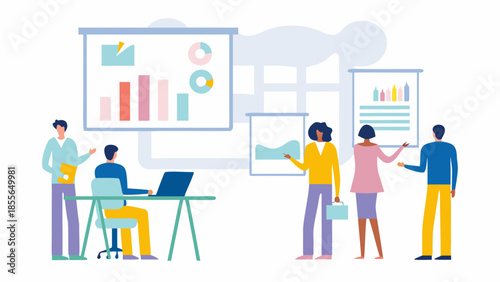 Business team collaborating on data analysis in modern office