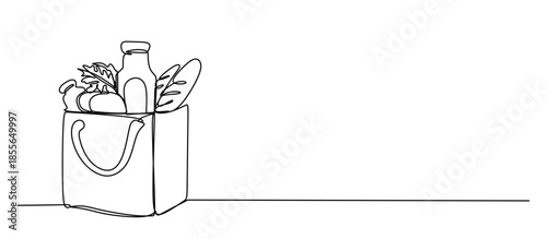 Continuous vector art line. Paper bag with food ingredients. Transparent background. editable stroke.