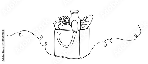Continuous vector art line. Paper bag with food ingredients. Transparent background. editable stroke.