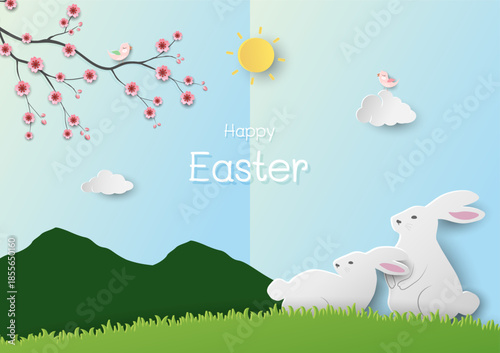 Happy Easter greeting card,Spring field background with cute Bunny and blooming flowers on sunshine day