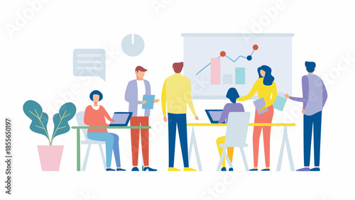 Diverse team collaborating on project with laptops and graph presentation