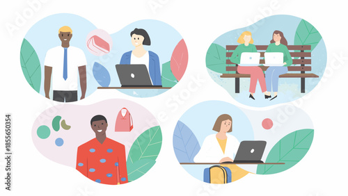 People working remotely in a natural setting with laptops