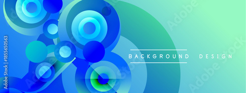 Abstract blue background features overlapping circles, gradients. Modern design elements create dynamic visual effect. Smooth transitions present calming aesthetic.