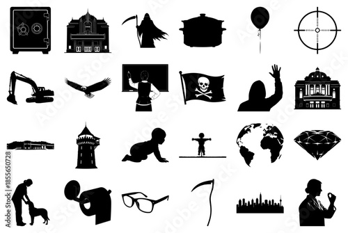 Assorted Black and White Silhouette Icons Set safe