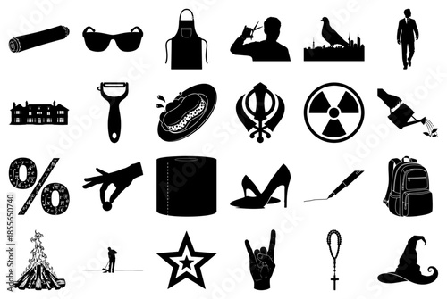Assortment of Black and White Icons for Diverse Themes