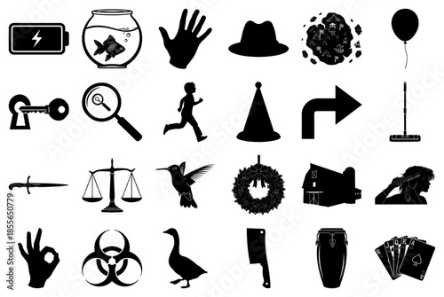 Black and White Silhouette Icons for Various Concepts Keywords: battery, lightning bolt