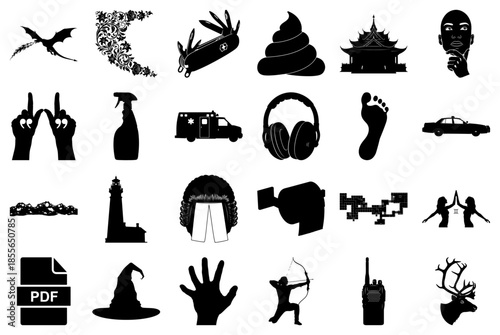 Collection of Black and White Icons and Silhouettes Keywords: dragon, floral ornament, swiss army