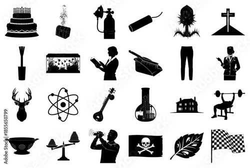 Collection of Black and White Icons Representing Various Concepts