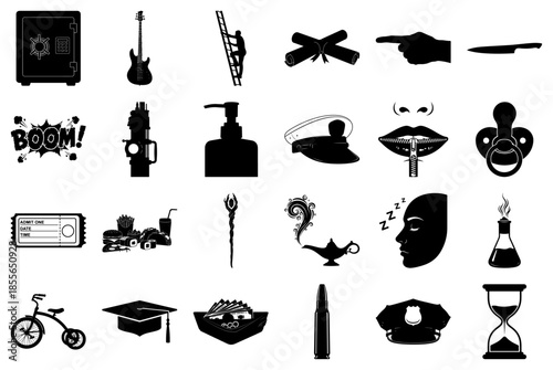 Diverse Black and White Icons for Various Concepts