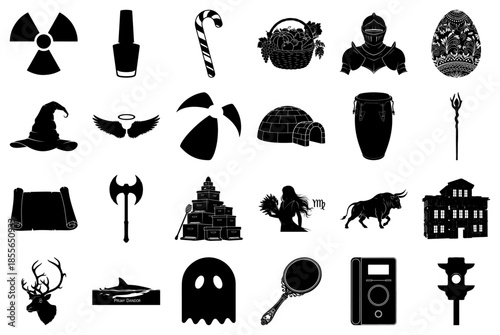 Diverse Black and White Silhouette Icons Collection Keywords: silhouette, icon, symbol, object