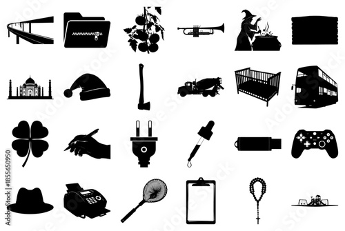 Diverse Black and White Silhouette Icons Keywords: bridge, folder, zipper, tomatoes, trumpet