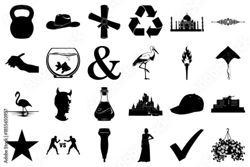 Diverse Black and White Silhouettes of Objects and Concepts Keywords: kettlebell cowboy hat