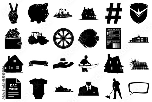 Diverse Black and White Silhouette Icons Keywords: peace sign, victory sign, piggy bank, factory