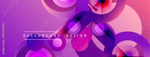 Abstract gradients, circles, dynamic shapes create modern background. Purple, pink hues dominate composition. Minimalist text overlay present.