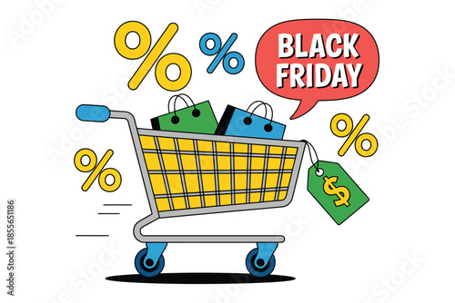 Shopping cart full of bags and price tags with Black Friday sale announcement
