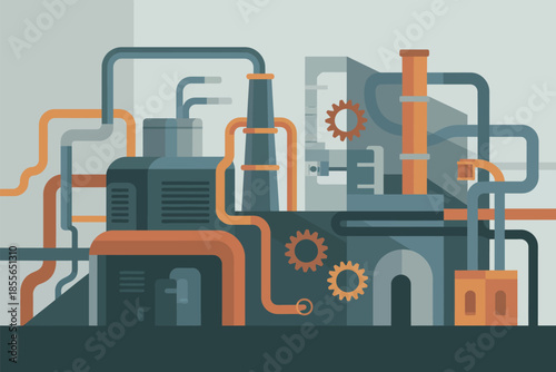 Complex industrial factory with intricate pipe system and gears