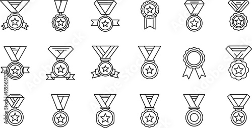 Minimal outline medal and award badge icon set with ribbons for achievement, victory, honor, and success themes