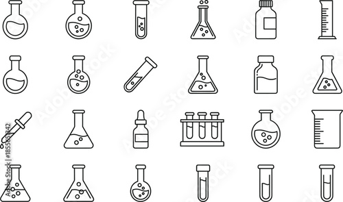 Laboratory and chemistry outline icon set with flasks test tubes beakers and scientific experiment symbols for research design