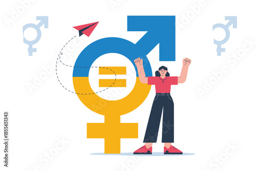 Empowered woman stands strong with gender equality symbol, celebrating progress and freedom.