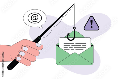 Hand holding fishing rod luring email with hook, symbolizing phishing attack and online security threat